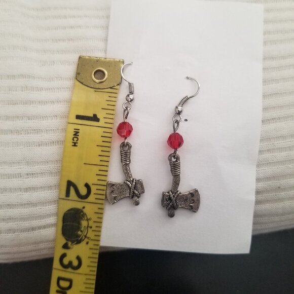 Silver Tone Axes Earrings Red Beads Ax Halloween Goth Horror Pierced - Picture 3 of 3